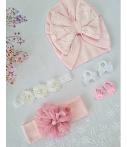 Turban różowy z koronkową kokardką 2