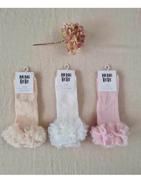 Podkolanówki bawełniane z falbanką tiul 1-2 lata